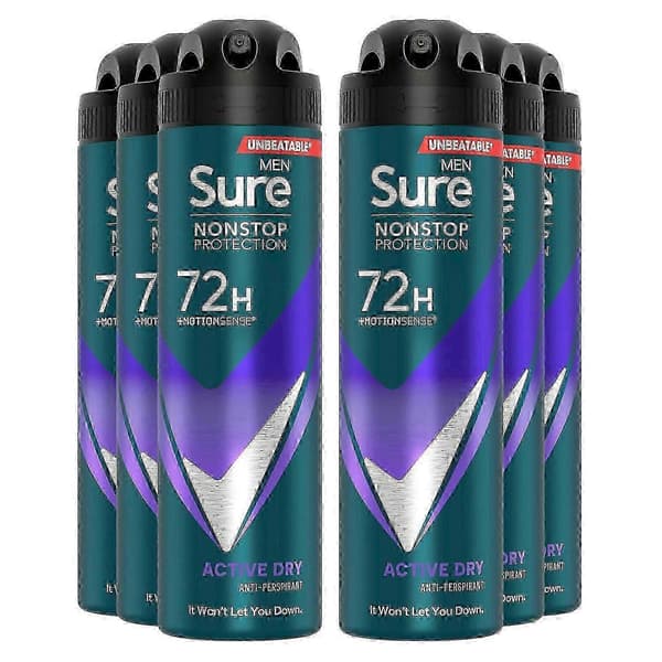 Sure Men Nonstop Protection 72H Anti-Perspirant Deodorant i Active Dry, 150 ml seks-pakning