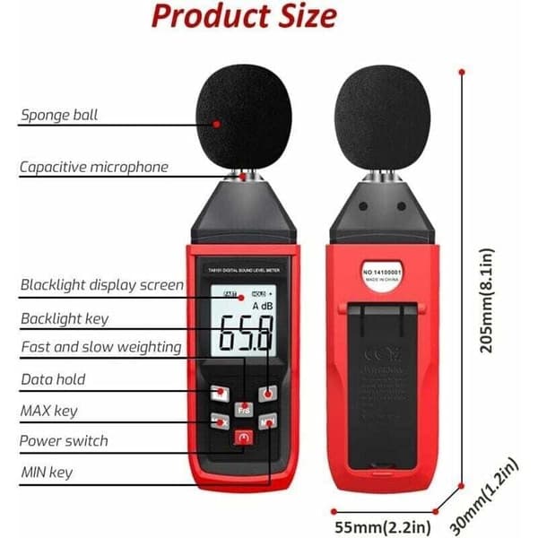 Decibel Meter, 30-130 dBA Digital Sound Level Meter Audio Noise DB Meter with LCD Backlight Data Hold Max/Min (Batteries Included)-TA8151