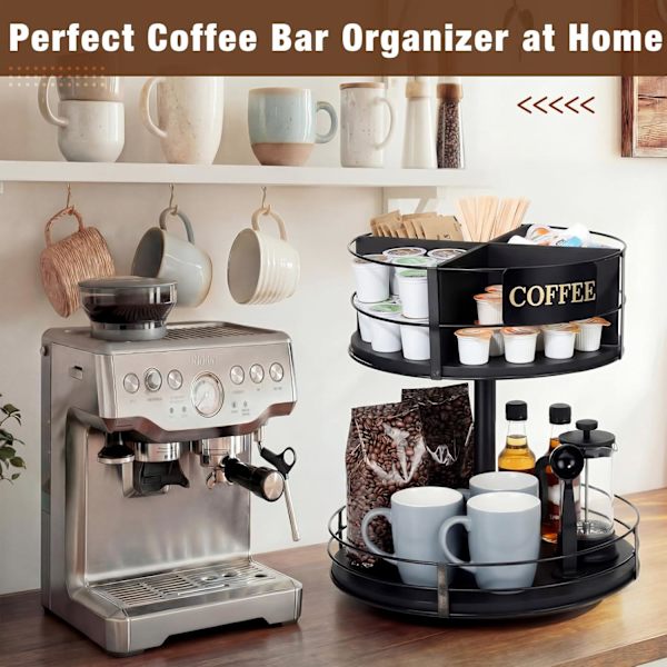 360° Roterende Kaffebar Organizer Metal til Bordplade Sort Black