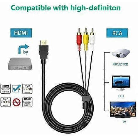 HDMI til RCA-kabel, 1080P 5Ft/1.5M HDMI han til 3-RCA video lyd AV-kabelstik adapter sender til TV HDTV DVD db