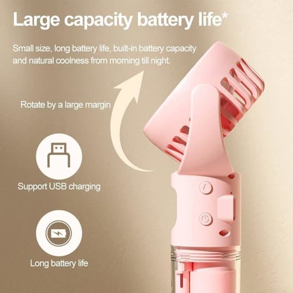 Bærbar vifte med vanntåke, USB 4 hastigheter, batteridrevet (rosa)