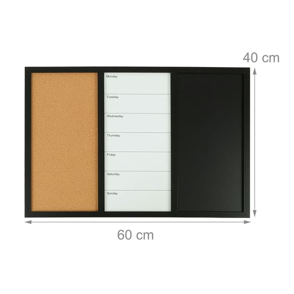 3-i-1 opslagstavle med kork, whiteboard og kalender