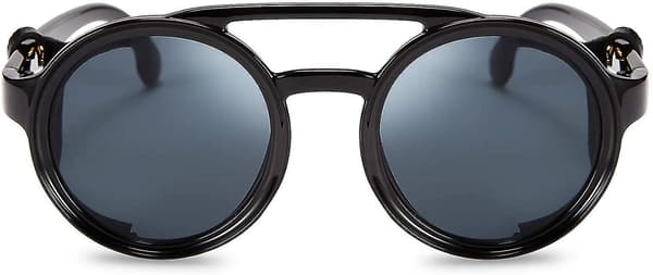 Steampunk Round Sunglasses Vintage Retro Eyebrow Plastic Frame with Leather - Black-FA11-