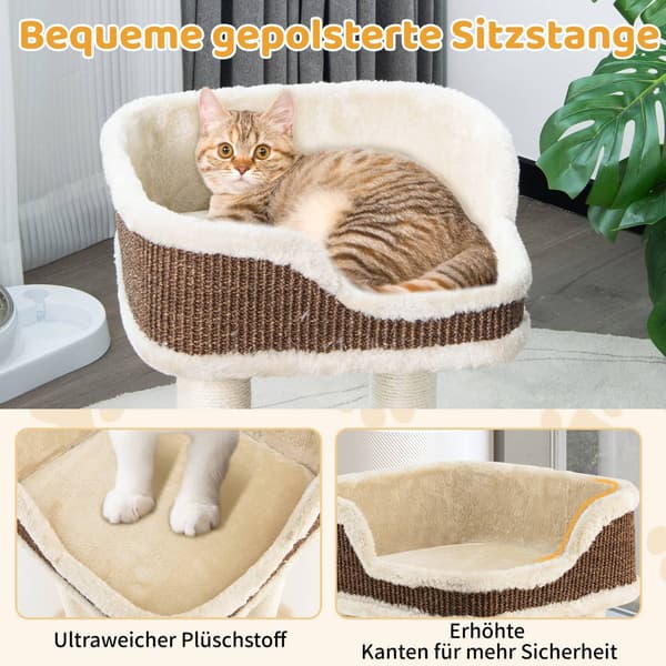 Kattetre med plysjsete, sisalstolper og ball, beige