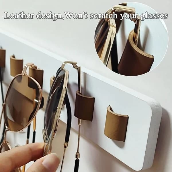 Wall Mounted Storage Organizer, Sunglasses Holder Storage Case with 9 PU Leather Straps for Glasses Display, Bedroom and Wardrobe (White)