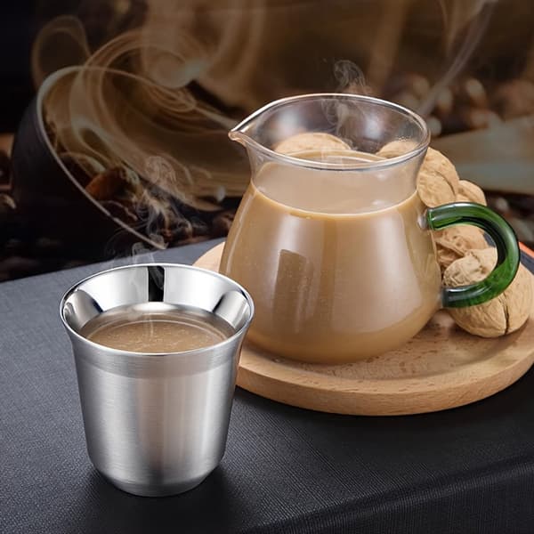 Dobbeltveggede espressokopper i rustfritt stål, sett med 2, 304 stål, isolerte 86 ml kaffekopper for hjem, kontor, reise, sølv