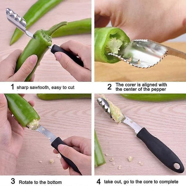 4 Dele Jalapeño Peber Udkerner i Rustfrit Stål Chili Udkerner Fjerner, med Savtanding