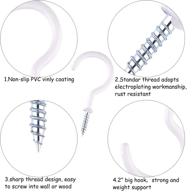 (White) 20 pcs screw-in hooks, screw-in ceiling hooks for bathroom