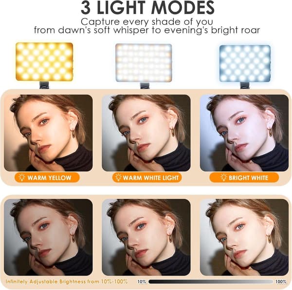 Portable Clip-On Selfie Light with 60 LEDs, 3 Light Modes, Adjustable Angle for Phone, Laptop, Video Calls, Live Streaming, Black 10 x 7.5 cm