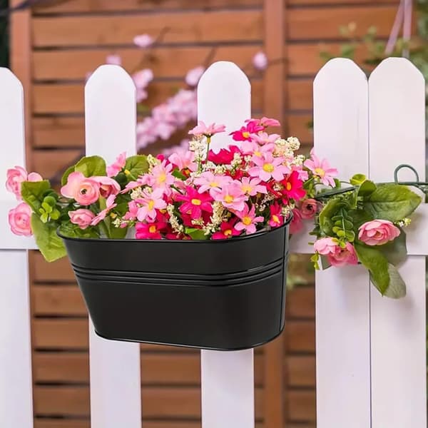 4-pack Hanging Flower Pots, Iron Balcony Boxes with Removable Hooks and Drainage Holes for Railing, Fence, Garden, Black