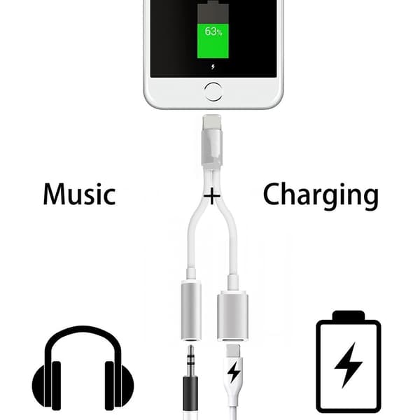 Sølv Lightning-adapter, 3,5 mm lading og synkronisering Y-kabel