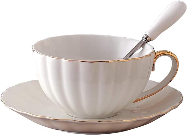 Keramisk kaffekop og underkop, 200 ml kaffekop med guldkant