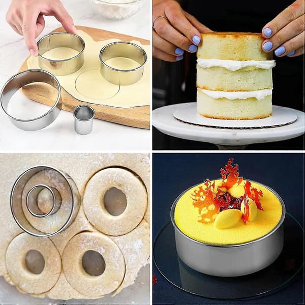 Kageforme, runde kageringe i rustfrit stål, 12 stykker med rund æske til donuts m.m.
