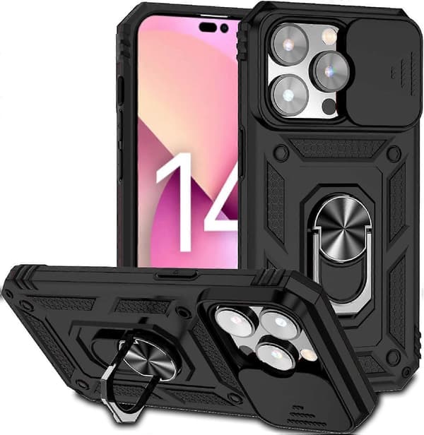 Armor-deksel til iPhone Stativdeksel med skyvbart kameradeksel og støtte Militærgradert kraftig beskyttelse med magnetisk holder til iPhone12PRO (svart)