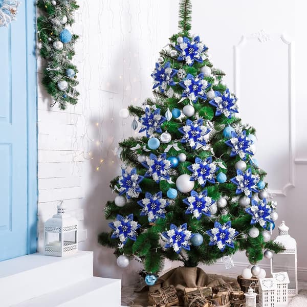 25 stk. juleblomster, blå kunstige blomster med klips og blomsterstilk
