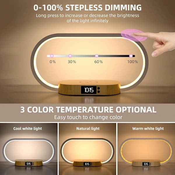 NA/Bedside lamp with wireless charging, LED Touch Table Lamp USB Night Light, Dimmable Bedroom Lamp with 3 Color Modes and Clock