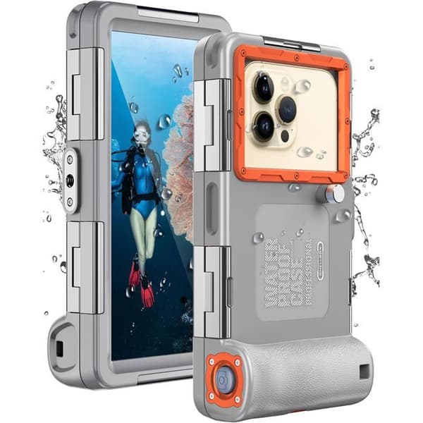 Undervannsdykkerveske for iPhone, Samsung Galaxy, Huawei, Xiaomi, Redmi – Profesjonell beskyttelse – 15m dybde (Grå/Oransje)