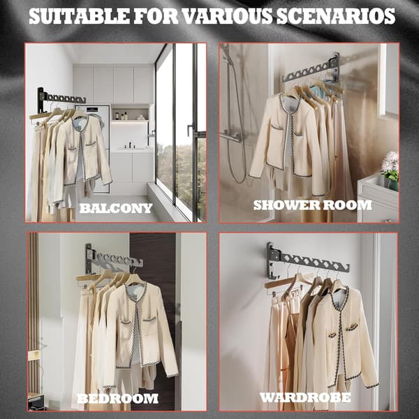 Wall Mounted Clothes Hanger Black Clothes Drying Rack Organizer Clothes Hooks Aluminum Retractable - Black 2-pack