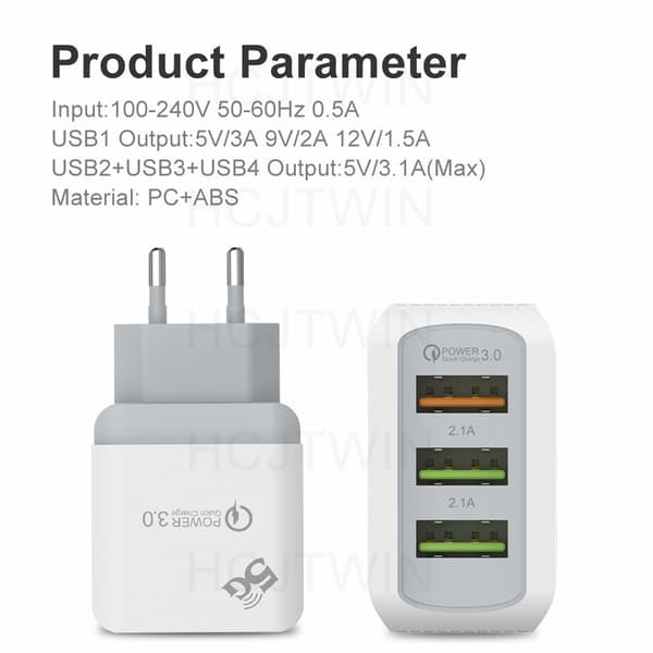 LED 3USB QC3.0 hurtiglader for mobiltelefon, multi-port ladeadapter, europeisk standard