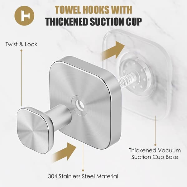 Suction Cup Shower Hooks, 4 Pcs Silver, Strong Reusable for Bathroom, Glass Windows, Towels and Bathrobes