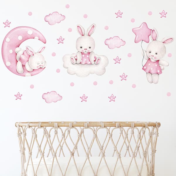 Rabbits with Balloons Pink, Personalized Wall Decals Watercolor