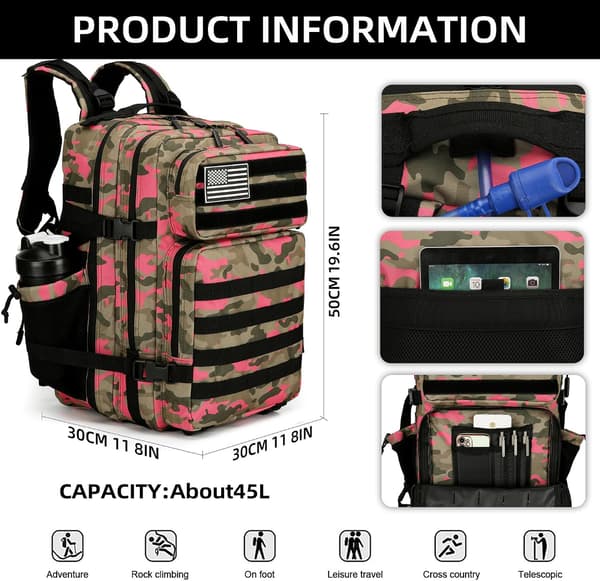 45L Taktisk Vanntett Angrepsryggsekk med Molle (Rosa)