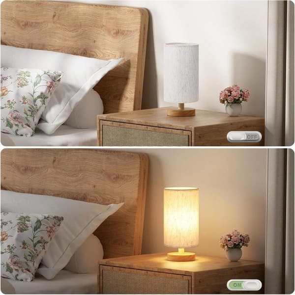 Varmhvit USB-nattlampe i linstoff – Minimalistisk bordlampe med tredetaljer