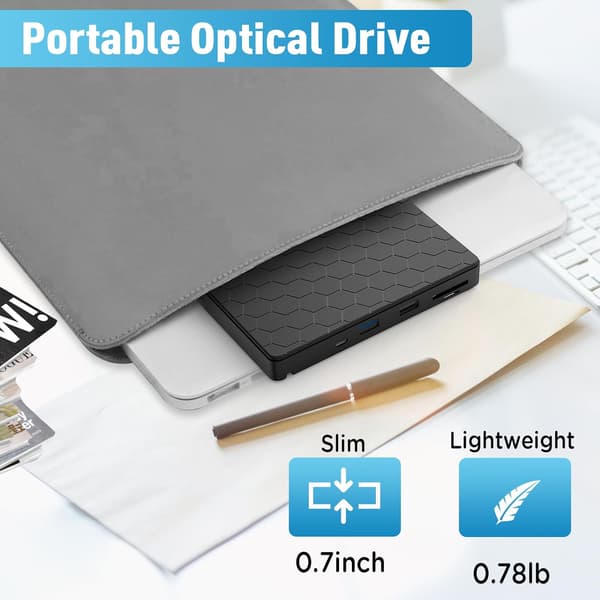 Ekstern DVD-drev USB 3.0 CD-brænder med 2 USB-porte og 2 TF/SD-kortslots