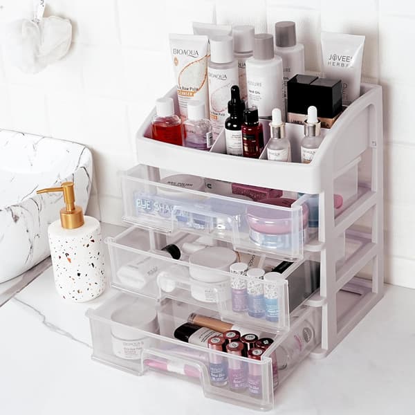 Makeupopbevaring med skuffer - Makeup- og kosmetikopbevaring til badeværelset - Opbevaring til sminkebord - Opbevaringsboks med 3 skuffer