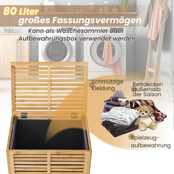 80L Laundry Hamper with Lid and Removable Washable Laundry Bag Bamboo Laundry Basket
