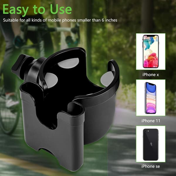 Kopholder til klapvogn med telefonholder/organizer, universal cykelkopholder, 2-i-1 kopholder til rollator, cykel, kørestol, rollator