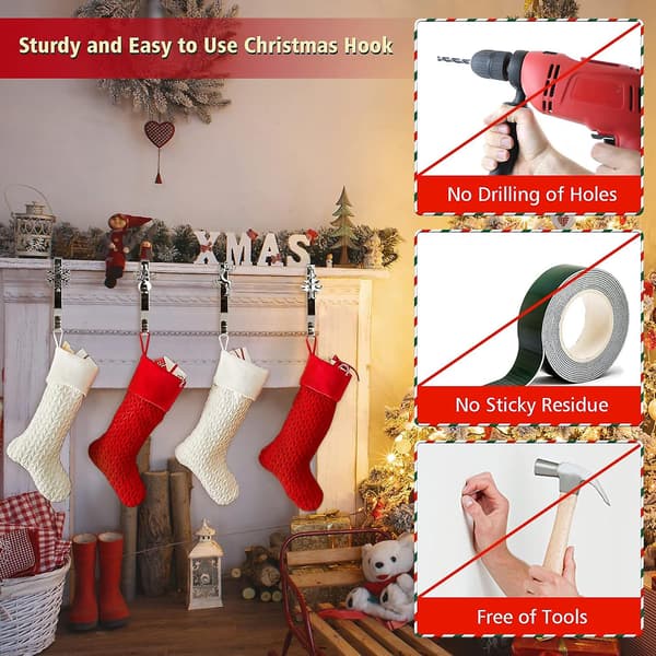4-pack Christmas Stocking Holders for Mantel, Non-slip Fireplace Stocking Hangers for Christmas Party Decorations Silver
