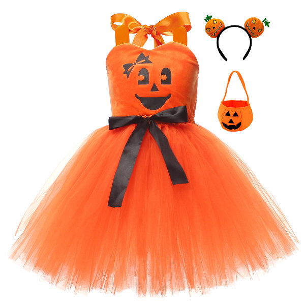 Halloween Pumpa Kostym för Flickor Prinsessfest Klänning Cosplay med Hårband och Väskor för Fotografering 2-12T Orange 8-9YEARS