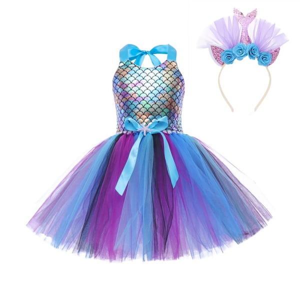 Flicksjöjungfru Tutu Klänning Baby Födelsedag Prinsessa Tulle Klänning Barn Festklänningar Halloween Kostym Outfits med Pannband Blue M