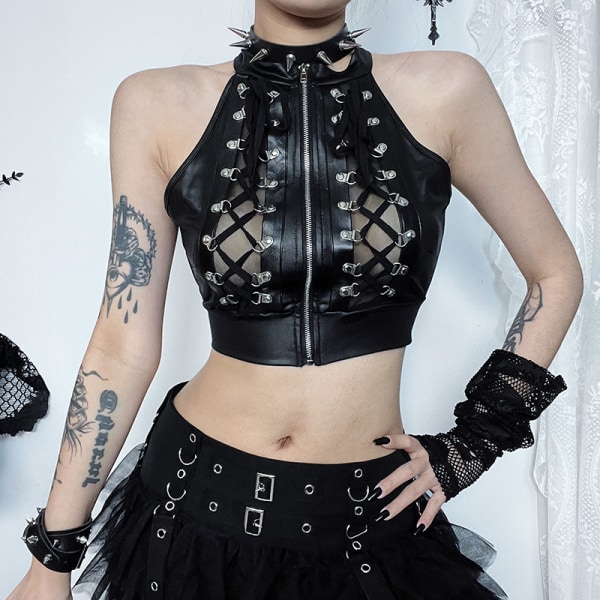 Emo Alt Goth Camis Kvinnor Cyber Punk Streetwear Harajuku Snörning Genomskinlig Dragkedja Halterneck Crop Tank Tops Y2k Rave Outfit M