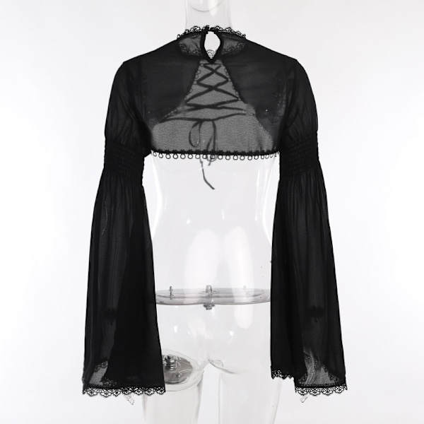 Goth Mörk Elegant Spets Upp Mall Gotisk Crop Shrug Toppar Grunge Chiffon Flare Ärm Blusar Kvinnlig Svart Emo Alternativ Cover Up L