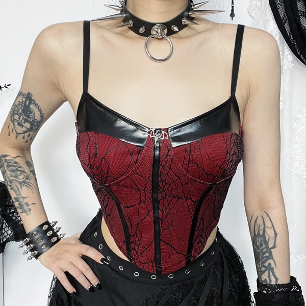 Gotisk punk röd camisole dam streetwear Harajuku spindelnät lapptäcke korta tank toppar emo alternativ grunge rave outfits L