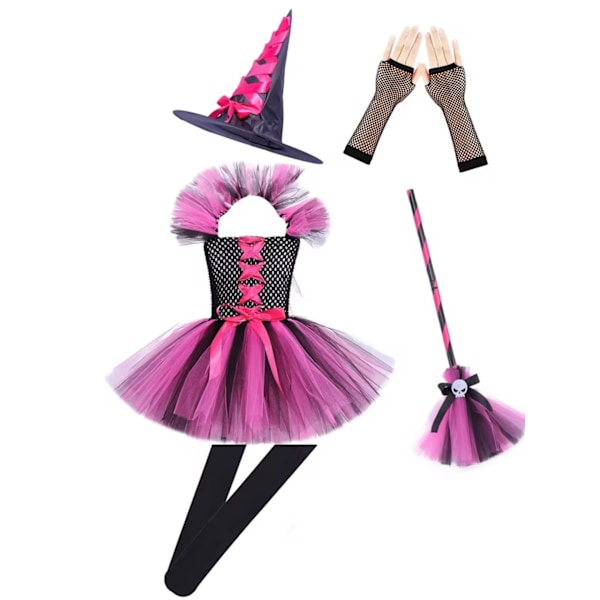 Halloween Barnkostym för Flickor Puffärm Tyll Vampyrklänning Häxhatt Leggings Maskeraddräkter Barnkläder Pink S