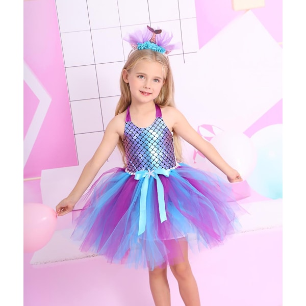 Flicksjöjungfru Tutu Klänning Baby Födelsedag Prinsessa Tulle Klänning Barn Festklänningar Halloween Kostym Outfits med Hårband Purple S