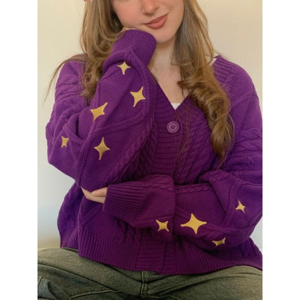 Speak Now Taylor's Version Cardigan Star Broderad Oversized Handstickad Holiday Button-Up Purple L