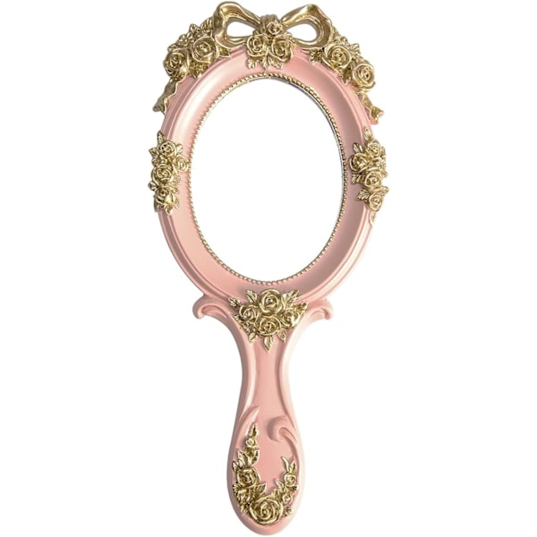 Vintage käsipeili kahvalla - Söpö prinsessa vaaleanpunainen ruusu kosmeettinen käsipeili pink