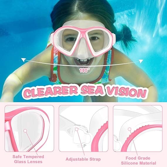 Simglasögon för barn, simglasögon i härdat glas med nässkydd, simglasögon dykmask snorkelmask för barn 6-14 år rose red