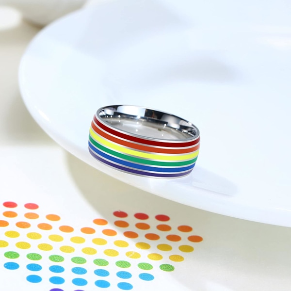 8mm Rostfritt Stål Emalj Regnbåge LGBT Pride Ring för Kvinnor och