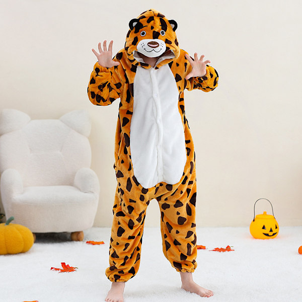 Unisex børne jumpsuit Pludset Kostume med Hat og Hale til Klæd-ud Rolleleg Halloween til Party Favors Cute leopard romper 【115-125CM】