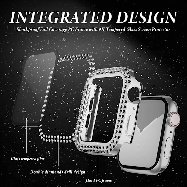 Glas+Diamant Skydd för Apple Watch-fodral 40mm 44mm 41mm 45mm 38mm 42mm Bling Bumper Skydd iWatch-serie 9 3 5 6 7 8 se-fodral Starlight Y Starlight 42mm series 3 2 1