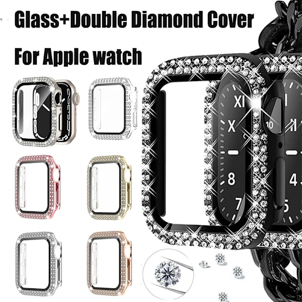 Glas+Diamant Skydd för Apple Watch-fodral 40mm 44mm 41mm 45mm 38mm 42mm Bling Bumper Skydd iWatch-serie 9 3 5 6 7 8 se-fodral guld Y gold 41mm series 7 8 9