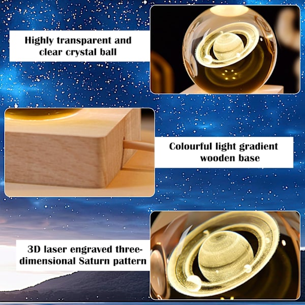 3D Planet Krystallkule Nattelys, USB 6cm Saturn Krystallkule Lampe, Nattelys Glassplaneter Lampe med LED Fargerikt Nattelys Saturn