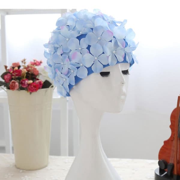 Badehette for kvinner med kronblader retro 3D blomsterbadehette dameblomsterbadehette blue