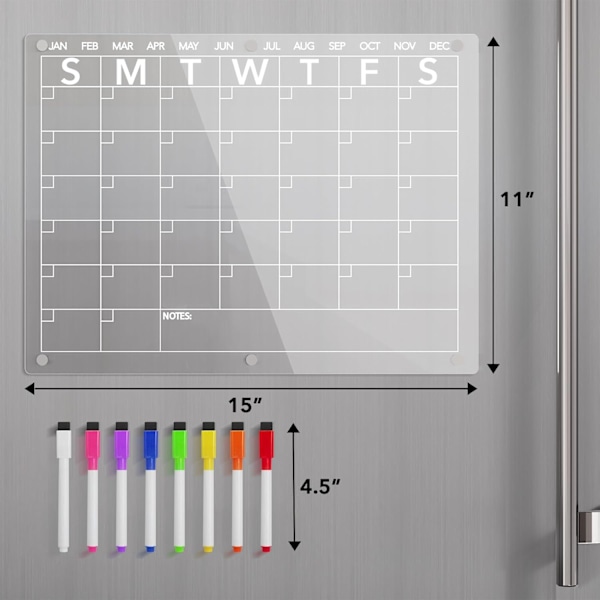 Akryl Magnetisk Tørrmærke Køleskabs Kalender, Klar Månedlig Planlægger til Køleskab, med 8 Farver Tørrmærke Markører, 15\"x11\"h