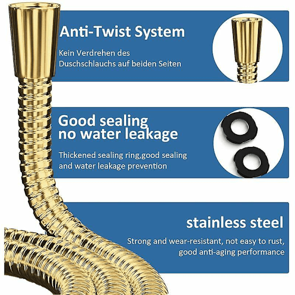 Guld duschslang krom rostfritt stål duschslang anti-twist anti-explosion 2m